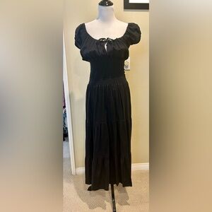 Black cotton maxi peasant dress with lurex